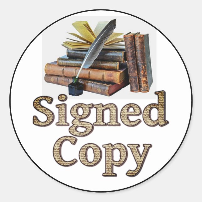 Pegatina Redonda Libros De Copia Firmados Y Quill 2 (Anverso)