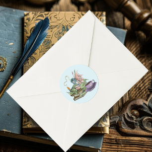 Pegatina Redonda Libros de Dragón Hada Amistad Té