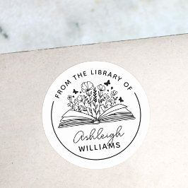 Pegatina Redonda Libros de flores y mariposas de la biblioteca de