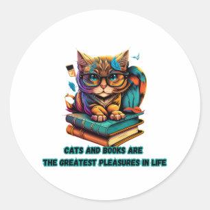 Pegatina Redonda Libros de gatos placer para la vida literatura de 