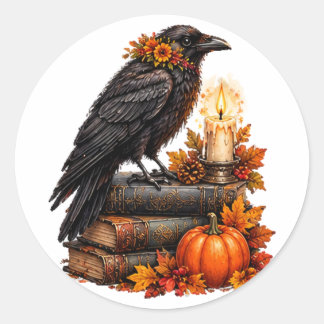 Pegatina Redonda Libros de Halloween de calabaza cuervo gótico
