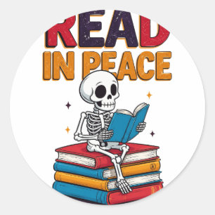 Pegatina Redonda Libros de lectura de esqueleto - Leer en paz diver
