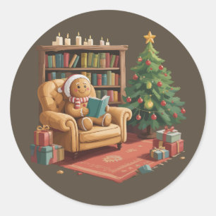 Pegatina Redonda Libros de lectura de pan de jengibre Navidad Profe