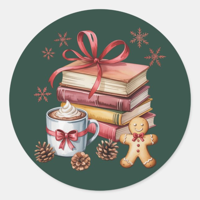 Pegatina Redonda Libros de Navidad Libros de Pan de Jengibre Libros (Anverso)