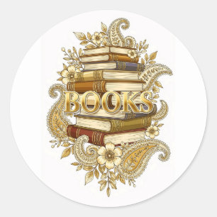 Pegatina Redonda Libros Lectores Escritores Bibliófilos Tonos Dorad