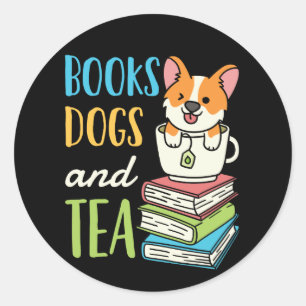 Pegatina Redonda Libros perros y té