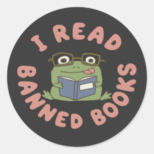 Pegatina Redonda Libros Prohibidos Rana Divertida Leyendo