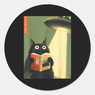 Pegatina Redonda Libros vintage japoneses de gatos amantes ovni ali