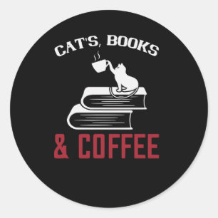 Pegatina Redonda Libros y cafés para gatos