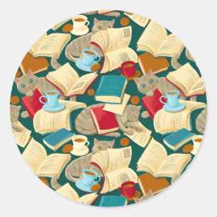 Pegatina Redonda Libros y gatos