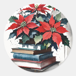 Pegatina Redonda Libros y Navidades de la Poinsettias
