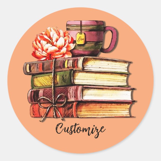 Pegatina Redonda Libros Y Té Peach (Anverso)