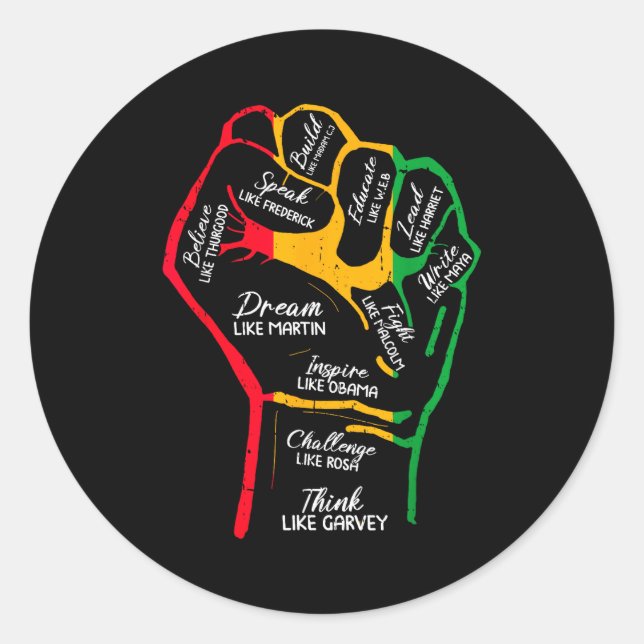 Pegatina Redonda Líderes Negros Inspiradores Puño Poderoso Mano Mes (Anverso)