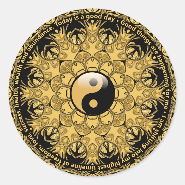 Pegatina Redonda Life Balance Daily Affirmation Gold Black Mandala (Anverso)
