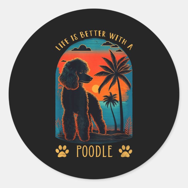 Pegatina Redonda Life Is Better With A Odle Sunset Beach Retro Dog  (Anverso)