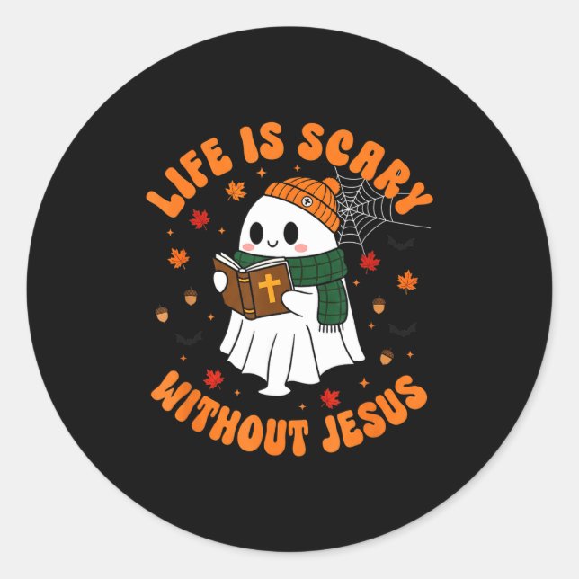 Pegatina Redonda Life Is Y Without Jesus - Christian Halloween  (Anverso)