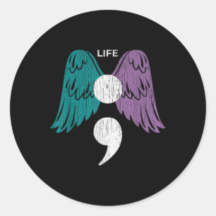 Pegatina Redonda Life Semicolon Wings Suicidio Conciencia Mental Sa