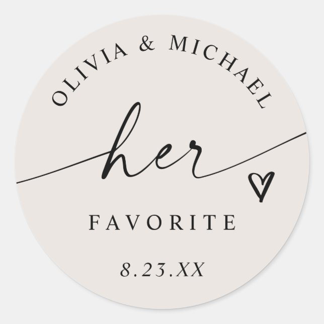 Pegatina Redonda Light Beige Her Favorite Script Wedding Treat Bag (Anverso)