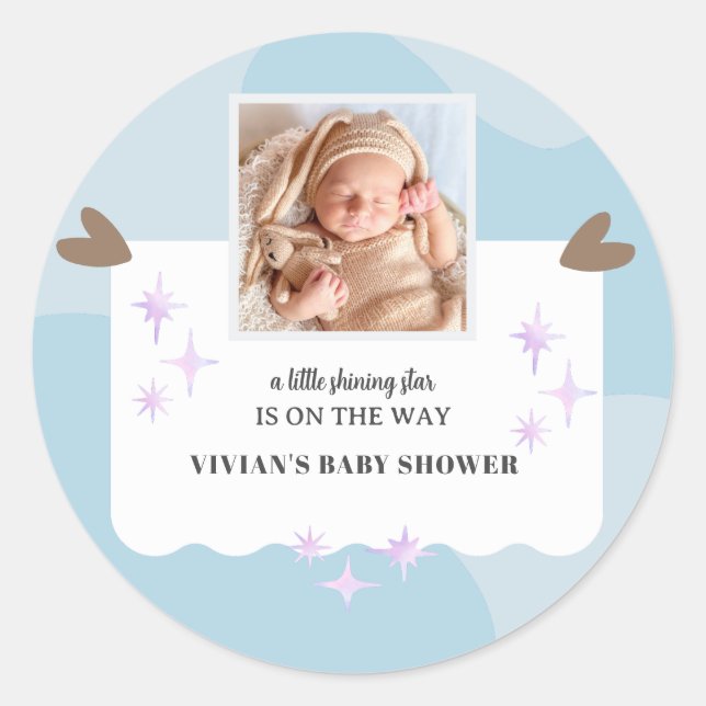 Pegatina Redonda Light Blue Little Luminoso Star Photo Baby Shower (Anverso)
