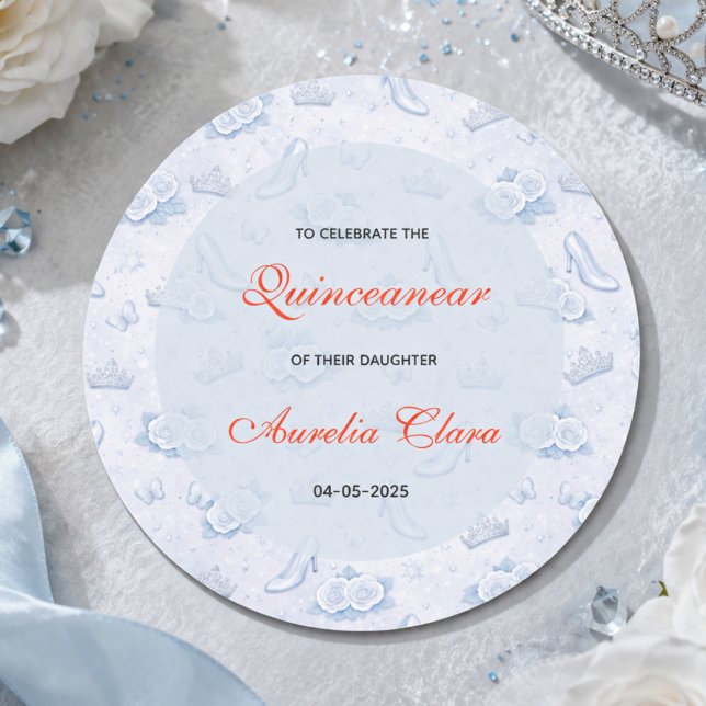Pegatina Redonda Light Blue Silver Princess Quinceanera Birthday  (Light Blue Silver Princess Quinceanera Birthday Classic Round Sticker
)