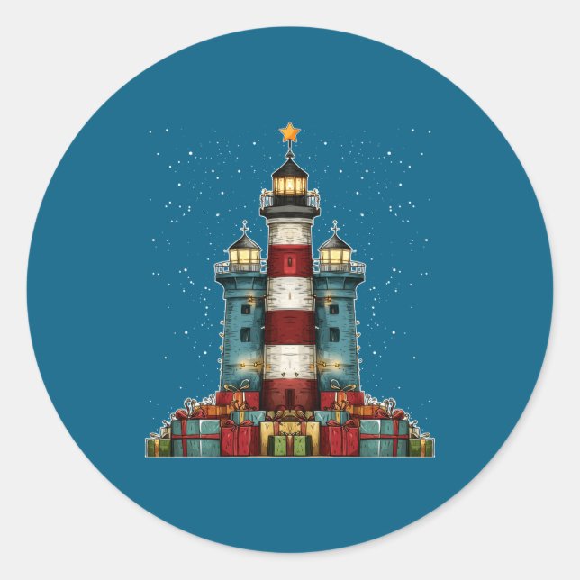 Pegatina Redonda Lighthouse Seaside Christmas Tree Xmas Long Sleeve (Anverso)