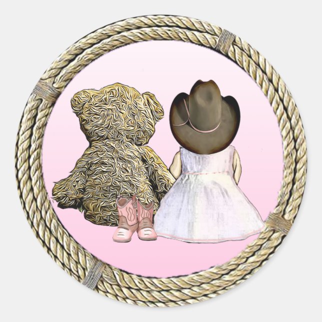 Pegatina Redonda Lil' Cowgirl | Baby Shower rosa