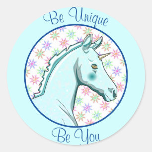 Pegatina Redonda Lil Palomino Unicorn (azul/púrpura)