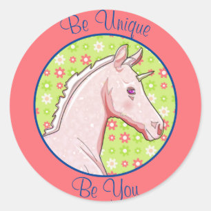 Pegatina Redonda Lil Pink Palomino Unicorn (verde con flores)