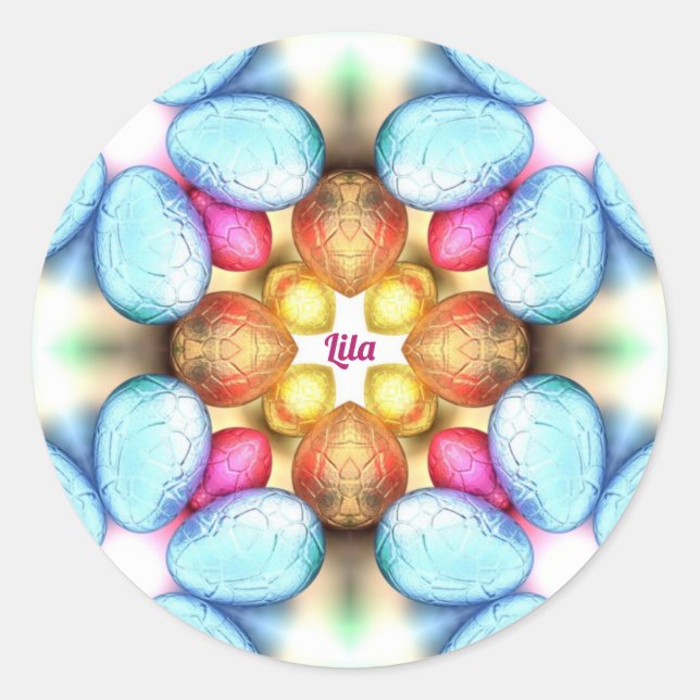 Pegatina Redonda LILA EASTER: ¡WOW! Huevos de bonito para dar Pascu (Anverso)