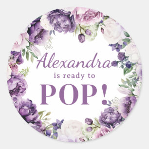 Pegatina Redonda Lila Púrpura Rubor Floral Niña Lista para Nacer