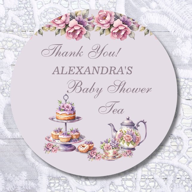 Pegatina Redonda Lilac Fiesta de té floral rosa Baby Shower Favor (Subido por el creador)