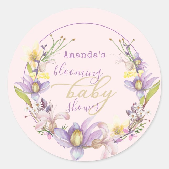 Pegatina Redonda Lilac Floral Blooming Baby Shower (Anverso)