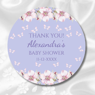 Pegatina Redonda Lilac Floral Mariposa Rosa Baby Shower Gracias