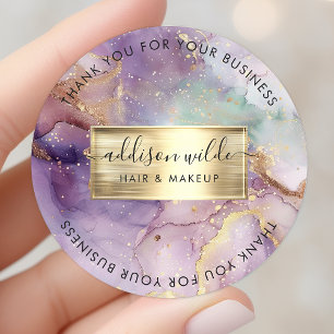 Pegatina Redonda Lilac Glitter Watercolor Falso Oro Hoja Gracias