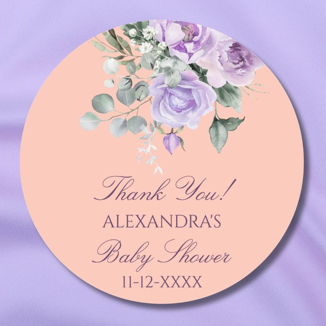 Pegatina Redonda Lilac Peach Floral Baby Shower Thank You (Subido por el creador)