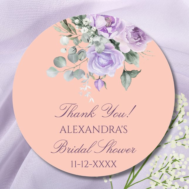 Pegatina Redonda Lilac Peach Floral Peony Bridal Shower Thank You (Subido por el creador)