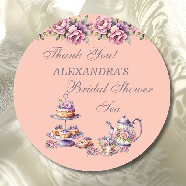 Pegatina Redonda Lilac Peach Floral Tea Party Bridal Shower Favor (Subido por el creador)