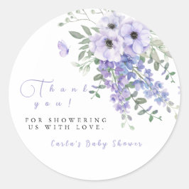 Pegatina Redonda Lilac purple floral baby shower Thank you 