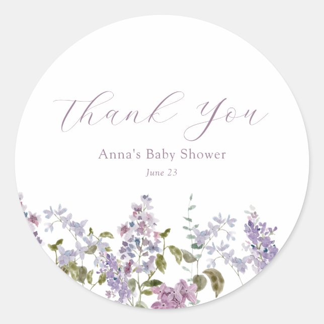 Pegatina Redonda Lilac y Lavender Gracias Baby Shower (Anverso)