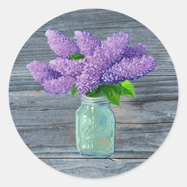 Pegatina Redonda Lilacs En Mason Jar Rústico (Anverso)