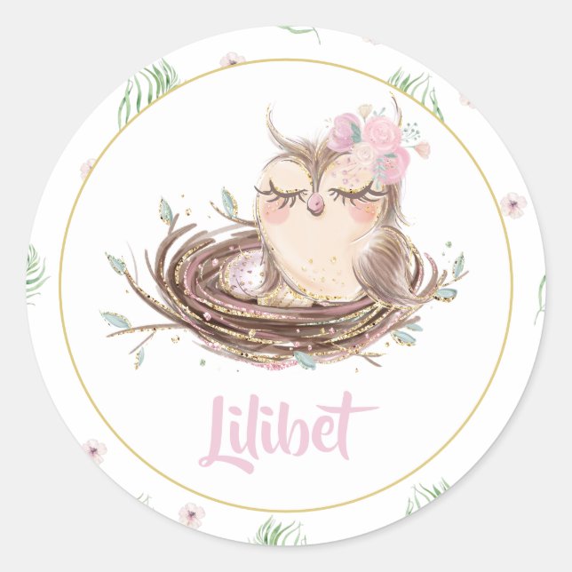 Pegatina Redonda Lilibet Owl Baby Shower (Anverso)