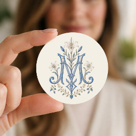Pegatina Redonda Lilios católicos del monograma marian azul