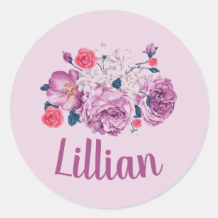 Pegatina Redonda Lillian Nombre Floral Personalizado Flor Vintage p
