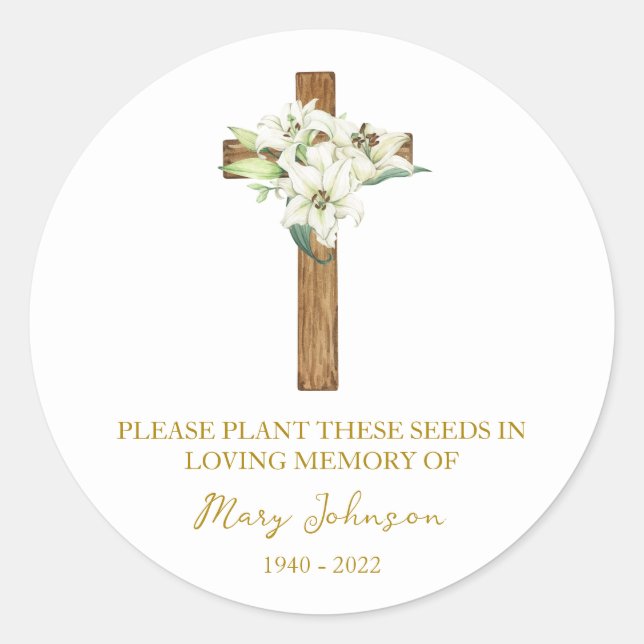 Pegatina Redonda Lily Cross Memorial Funeral Seed Packet (Anverso)