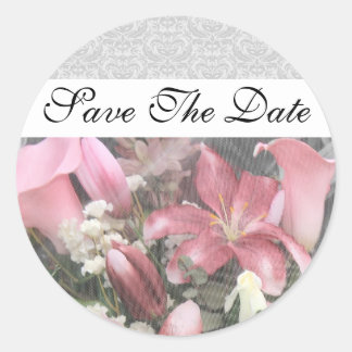 Pegatina Redonda Lily Floral Artística Damask Save The Date Pegatin