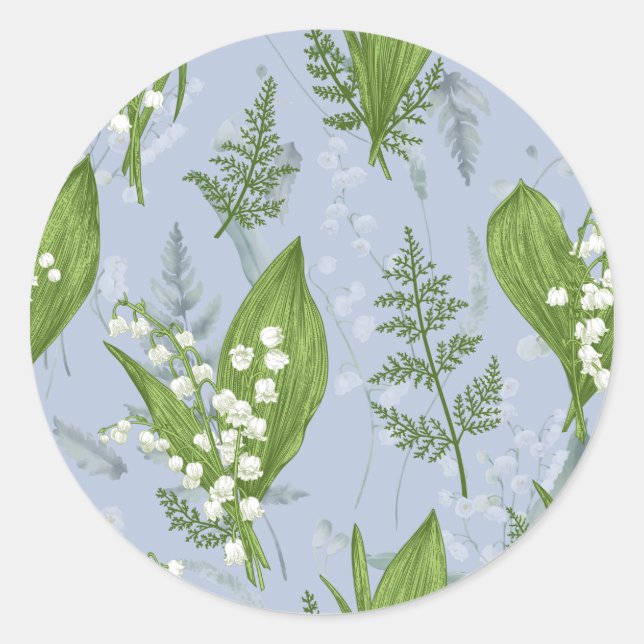 Pegatina Redonda Lily of Valley con Ferns || Azul Claro (Anverso)