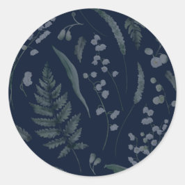 Pegatina Redonda Lily of Valley con Ferns || Azul oscuro profundo