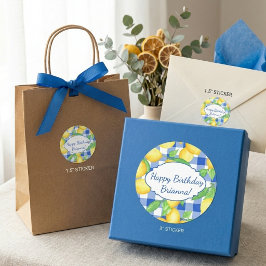 Pegatina Redonda Limón Azul Blanco Gingham Personalizado