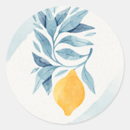 Pegatina Redonda Limón con hojas azules ilustracion botánico