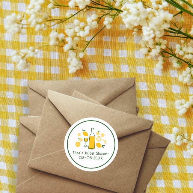 Pegatina Redonda Limonada de Limoncello LEMONA PERSONALIZADA Desayu (Limoncello Lemonade Lemon CUSTOM Bridal Shower Classic Round Sticker
)